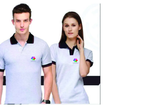 White Mélange with Navy Blue Collar & Red Tip Polo T-Shirt (Unisex) – With Custom Logo Print